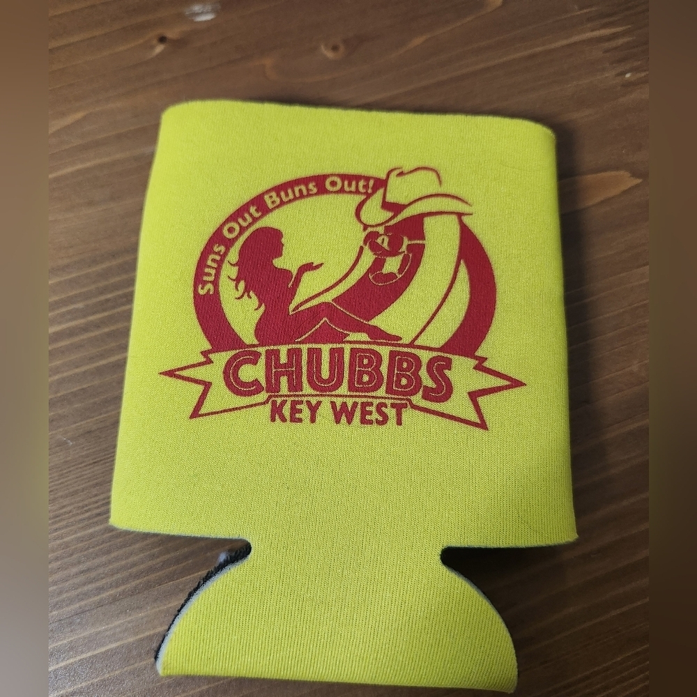 Chubbs Key West Suns Out Buns Out Yellow Can Cooler Sleeve  Red Graphic Smile